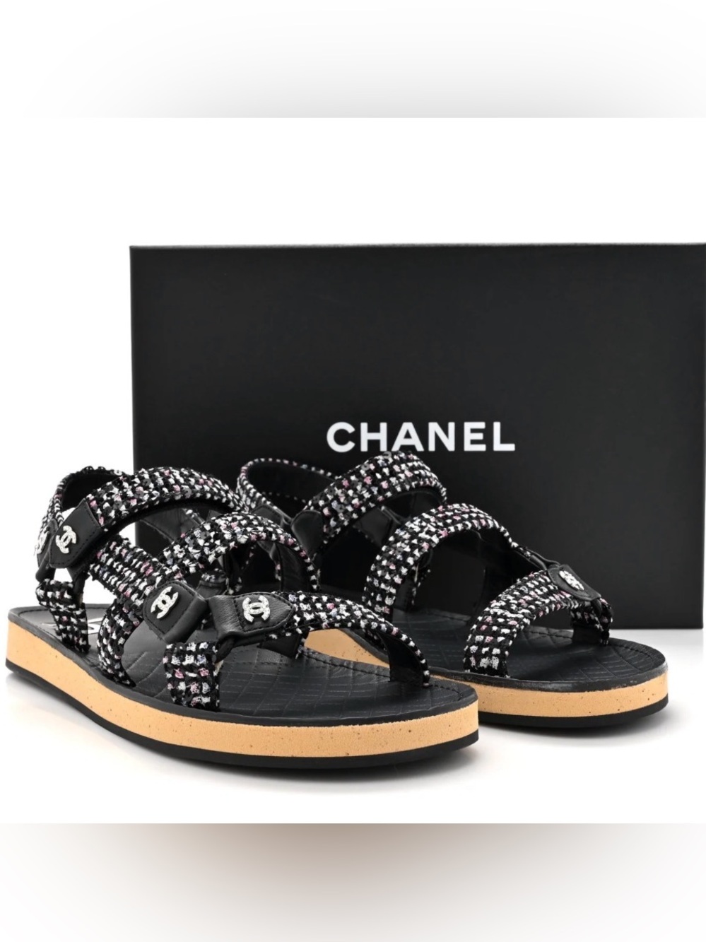 CHANEL Black Tweed glitter Logo Strap Sandals with Pink Accents
